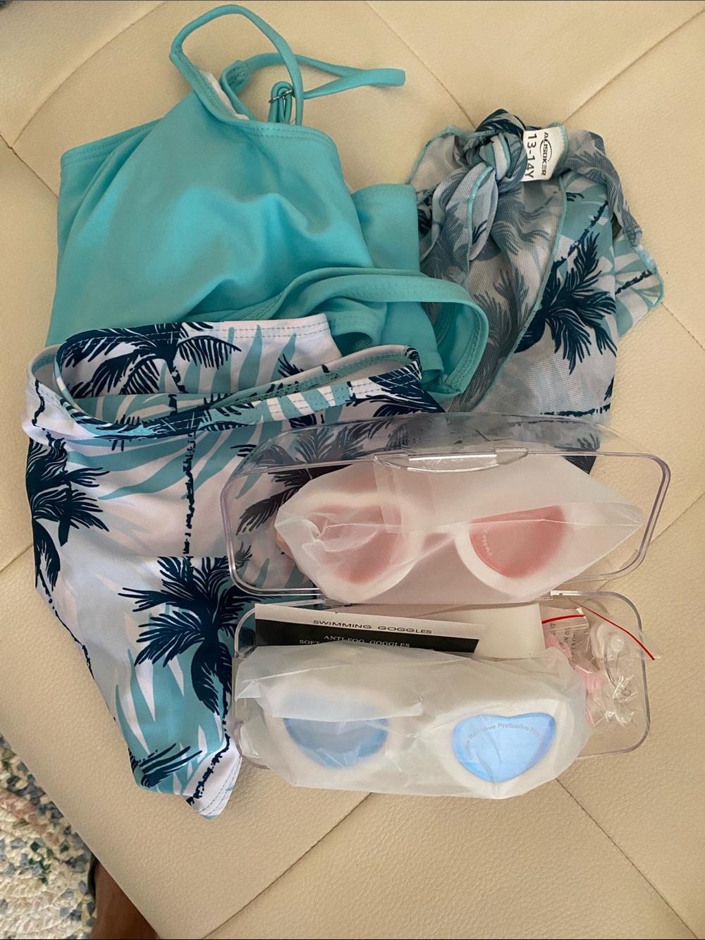 Beach Set Aqua Blue Bikini, with Palm Print Sarong, High-Waist Bottoms & googles